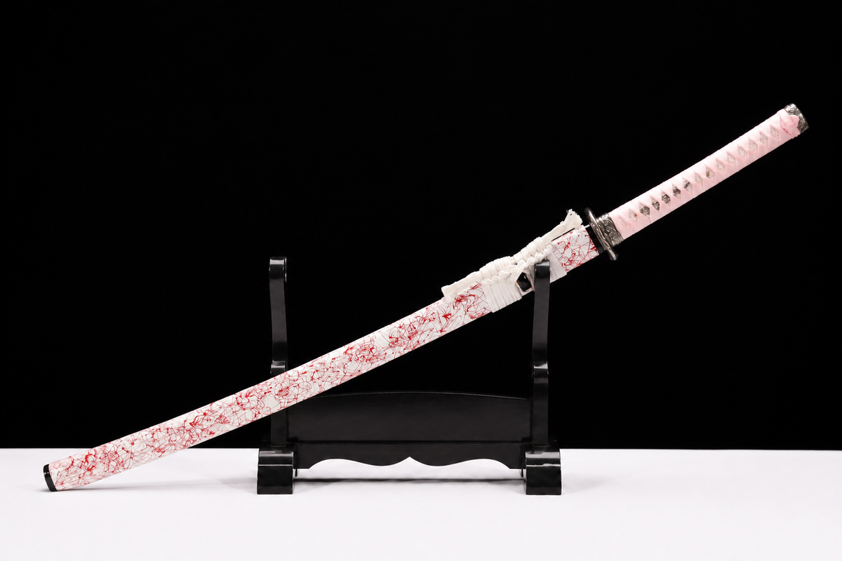 Unsharpened Python-Motif Collector Katana — 5160 Spring Steel, Copper-Alloy Fittings — sheathed, full view