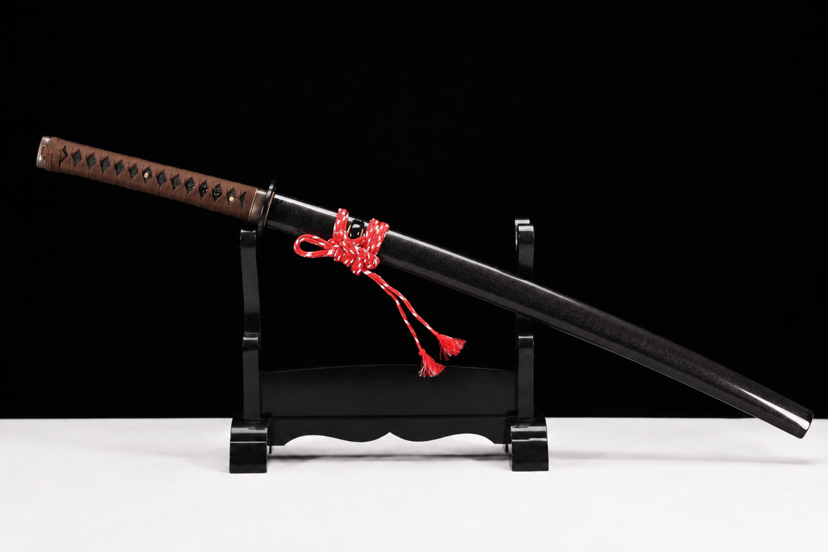 Unsharpened Dragonfly Collector Katana — Spring Steel, Plain Iron Mounts, Slim Saya — sheathed, full view