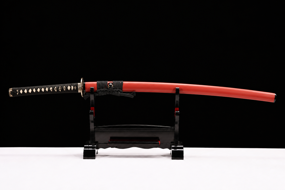 Rising Dragon Katana — Vermilion Saya, Gold Openwork Tsuba — sheathed, full view
