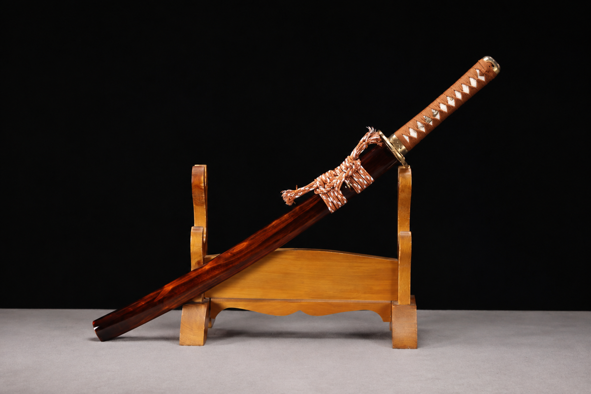 Unsharpened Bamboo-Tiger Collector Wakizashi — Clay-Tempered T10, Copper Fittings — sheathed, full view