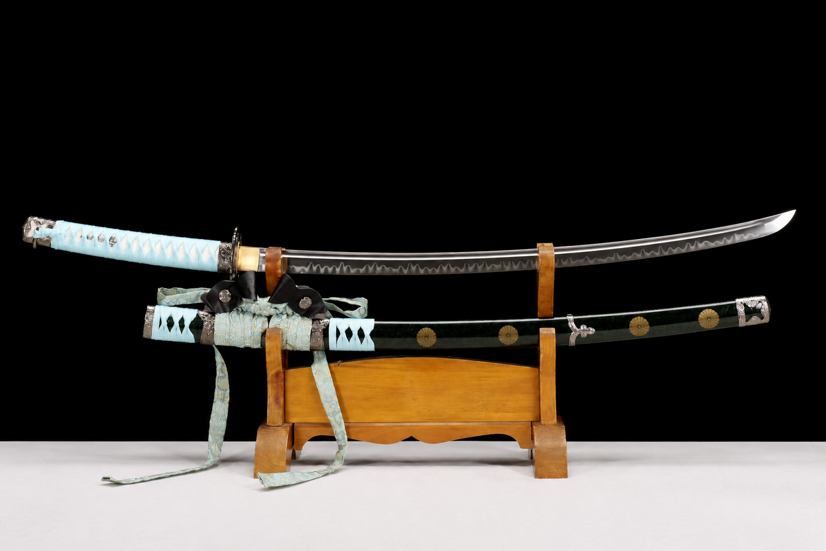 Deep-Curve Tachi — Clay-Tempered T10, Powder-Blue Ito, Kamon Saya — drawn, horizontal full view