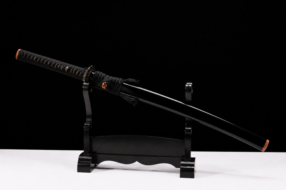 Unsharpened Patterned-Steel Collector Katana — Clay-Tempered, Aged Copper Fittings — sheathed, full view