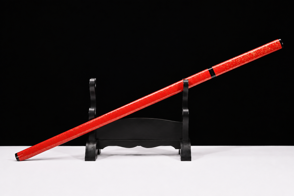 Unsharpened Straight-Blade Ninjato Collector Sword — T10 Tool Steel, Clay-Tempered — sheathed, full view