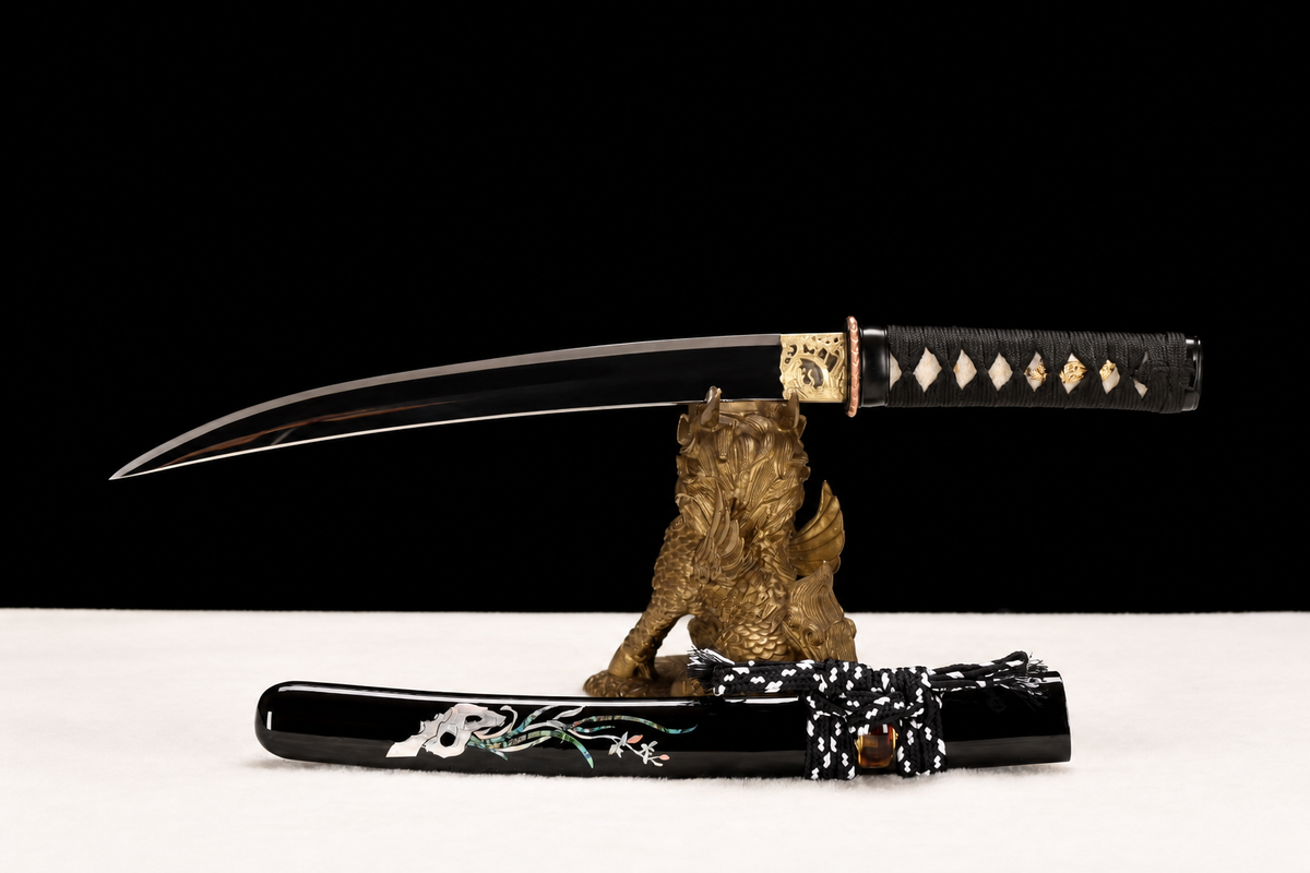 Shell-Inlay Wakizashi — Mirror-Polished 1065, Copper Fittings — drawn on stand, horizontal full view