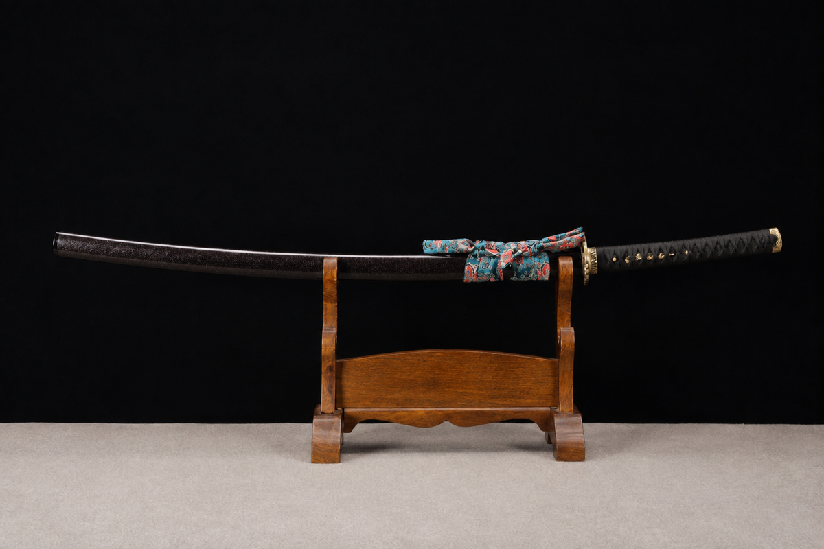 Unsharpened Phoenix Collector Katana — Spring Steel, Copper Mounts, Slim Saya — sheathed, full view