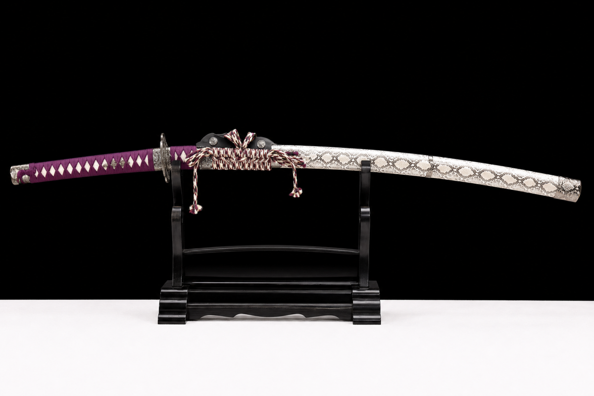 Unsharpened Viper-Pattern Deep-Curve Collector Tachi — 5160 Steel, Mirror Polish — sheathed, full view