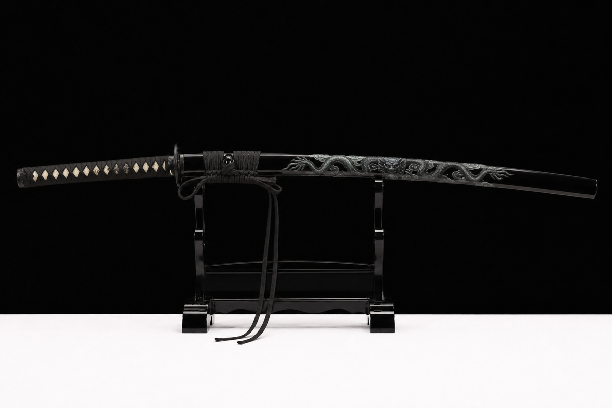 Wave-Hamon Katana — Clay-Tempered T1095, Bo-Hi and True Yokote — sheathed, full view