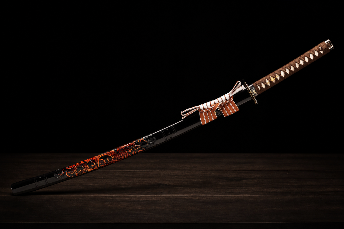 Unsharpened Twin Cloud-Dragon Relief Collector Katana — 5160 Steel, Slim Saya — sheathed, full view