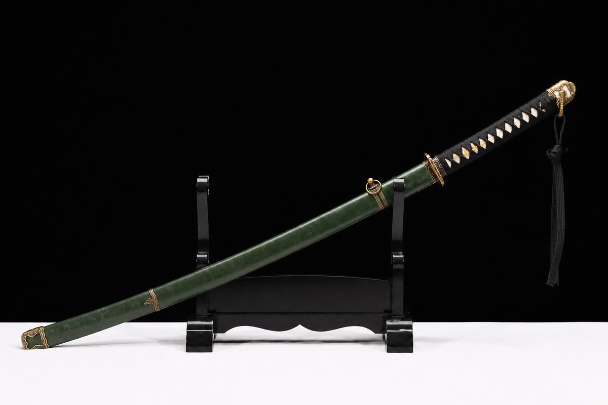 Unsharpened Type 98 Gunto Reproduction — Mirror-Polished, Leather-Wrapped Saya — sheathed, full view