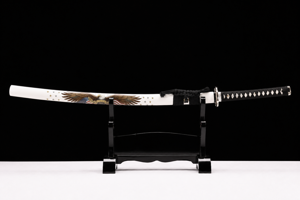 Twisted-Grain Katana — Folded T8, White Eagle Saya — sheathed, full view