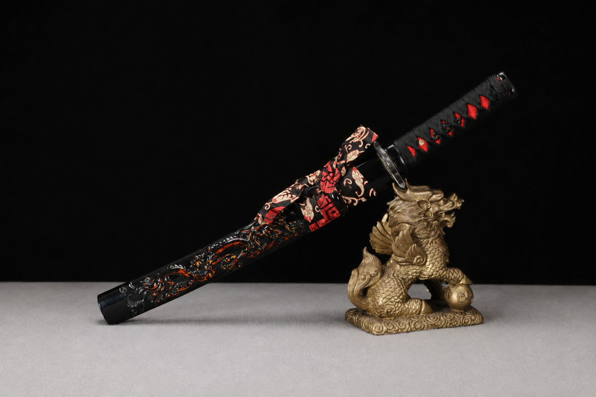Unsharpened Collector Wakizashi — 1065 Carbon Steel, Mirror Polish — sheathed, full view