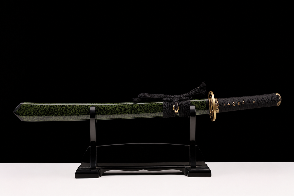 Folded Steel Short Sword — Black Ito, Olive Saya — photograph 1