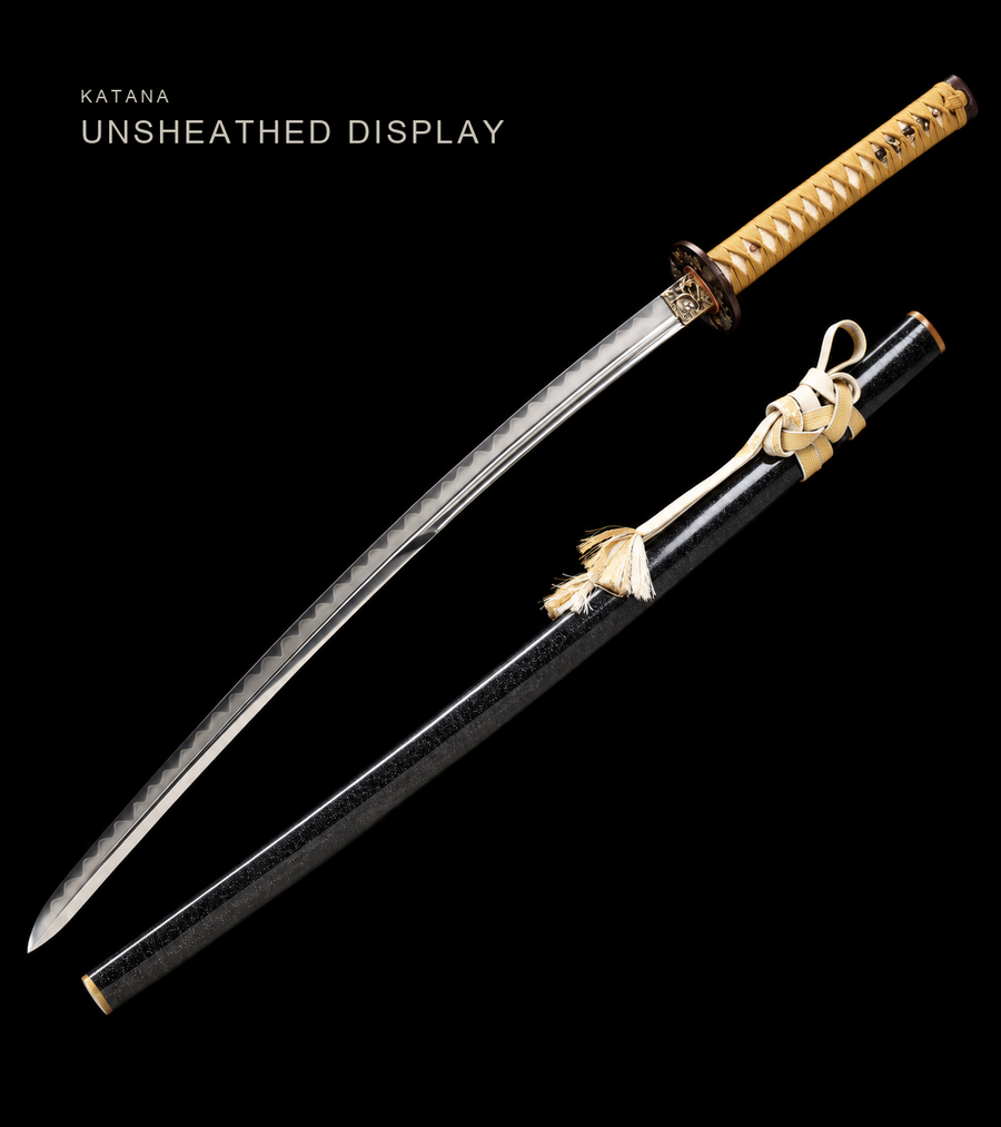 Unsharpened Collector Katana — Clay-Tempered Steel, Bo-Hi, Twenty-Stage Polish — unsheathed, full view
