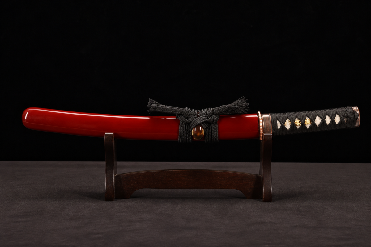 Unsharpened Red-Copper Collector Wakizashi — 1065 Steel, Pearl Rayskin Tsuka — sheathed, full view
