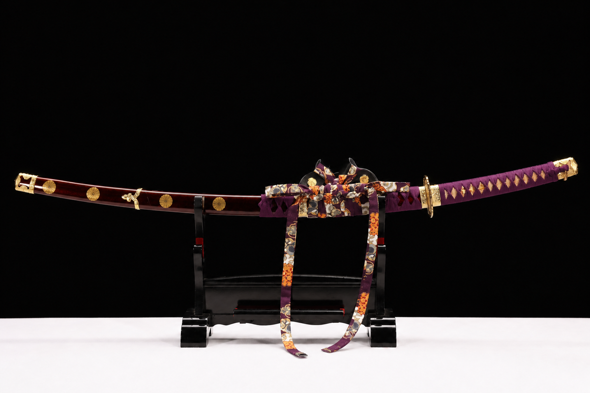Purple Cloud Tachi — Mirror-Polished 1060, Burgundy Kamon Saya — sheathed, full view