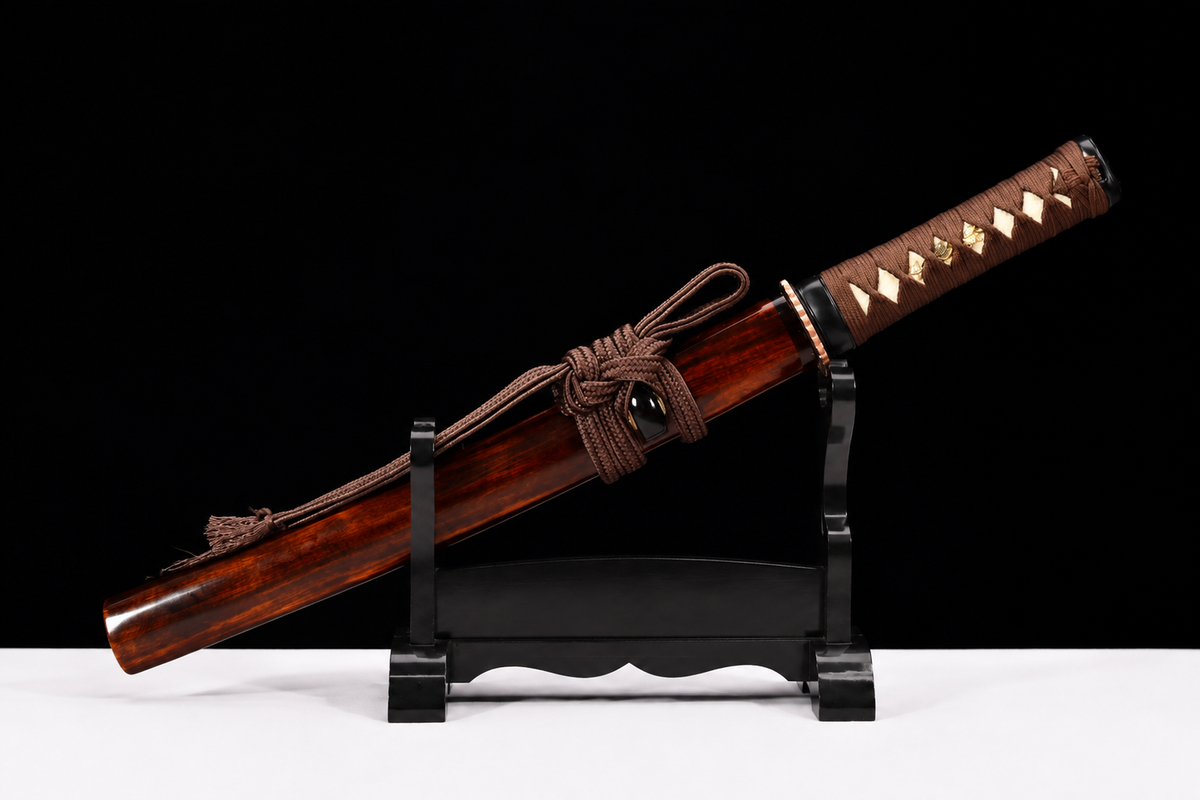 Unsharpened Collector Wakizashi — T10 Tool Steel, Clay-Tempered, Copper Tsuba — sheathed, full view
