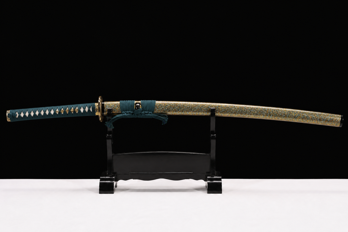 Unsharpened Pan Collector Katana — Grade 45 Carbon Steel, Lacquered Hardwood Saya — 完整入鞘全景