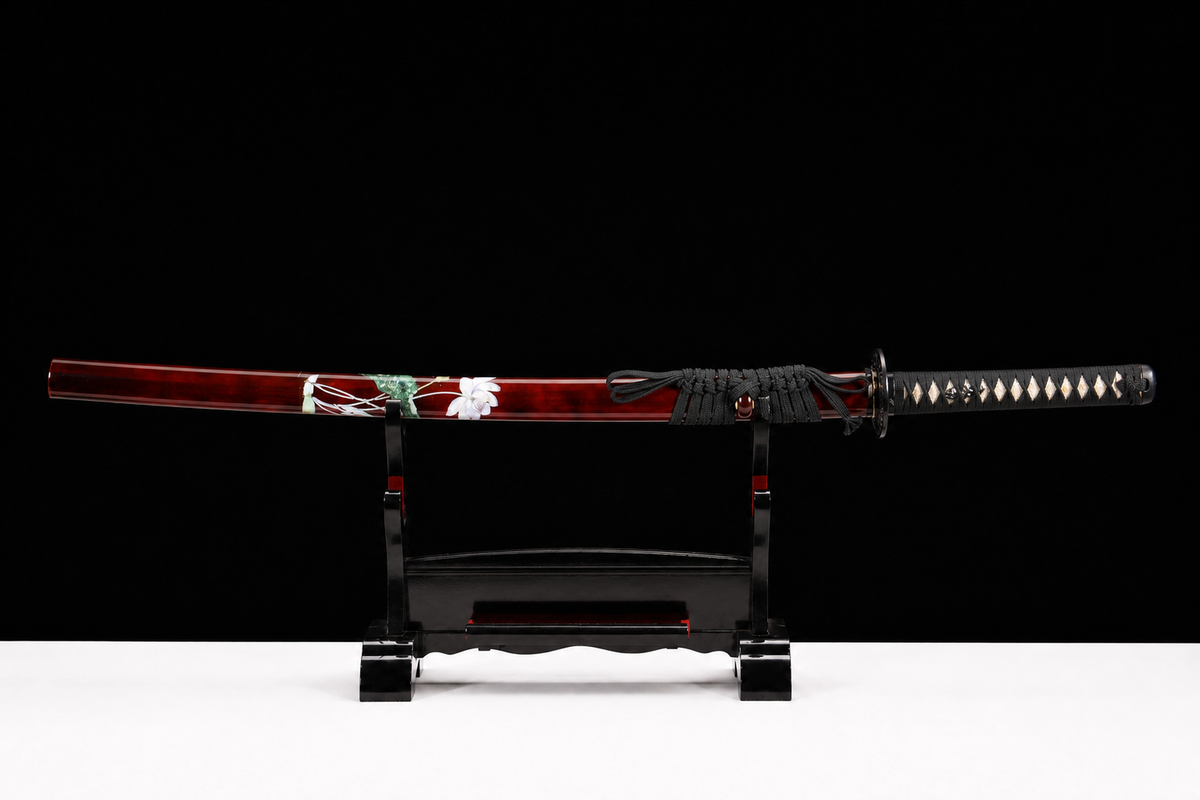 Unsharpened Lotus-Openwork Collector Katana — Clay-Tempered T10, Iron Tsuba — sheathed, full view