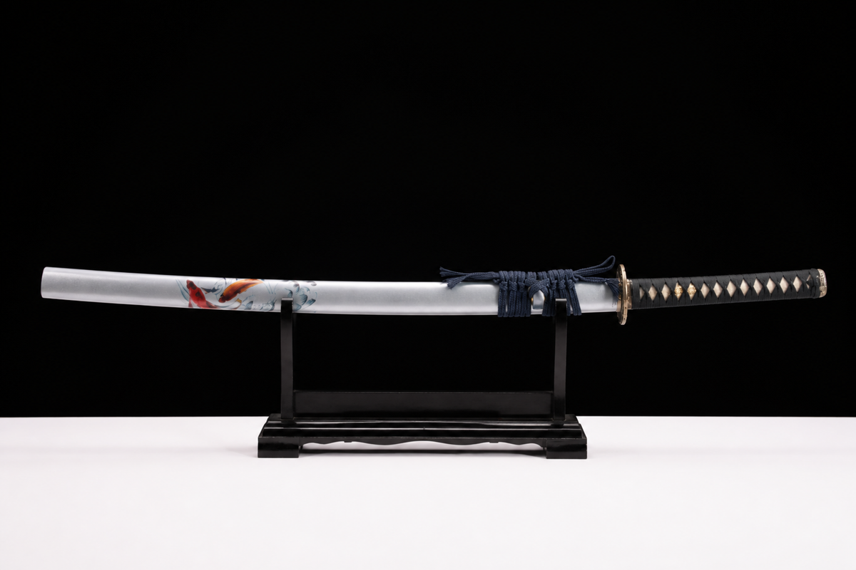 Unsharpened Twin-Fish Wave Collector Katana — 1065 Steel, Piano-Lacquer Saya — sheathed, full view