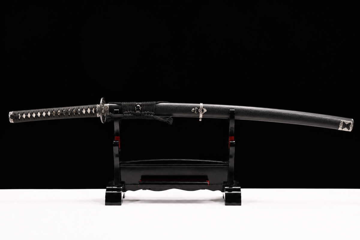 Han-Tachi Katana — Mirror-Polished 5160, Textured Black Saya — sheathed, full view