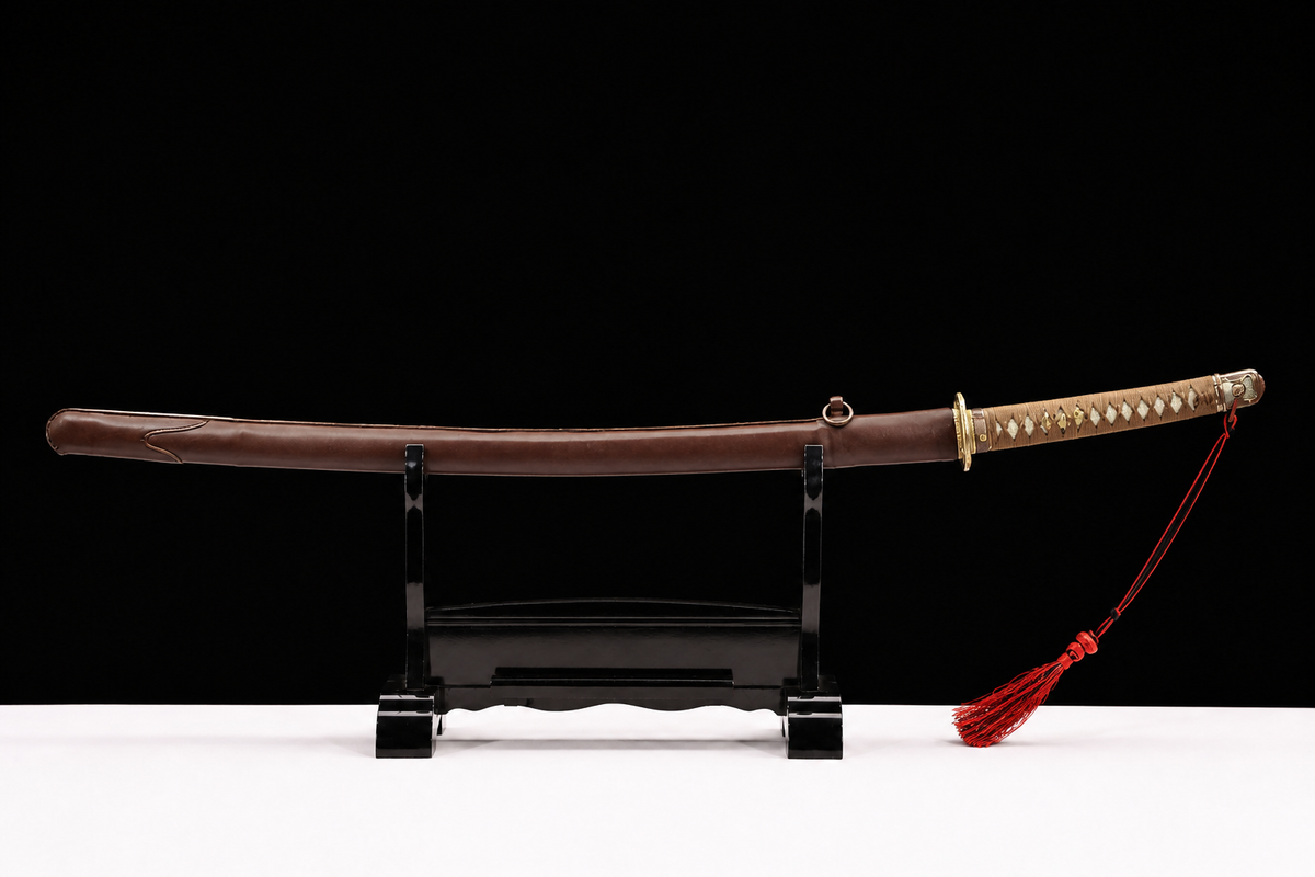 Folded Steel Type 98 Sword — Tan Ito, Brown Leather Saya — photograph 1