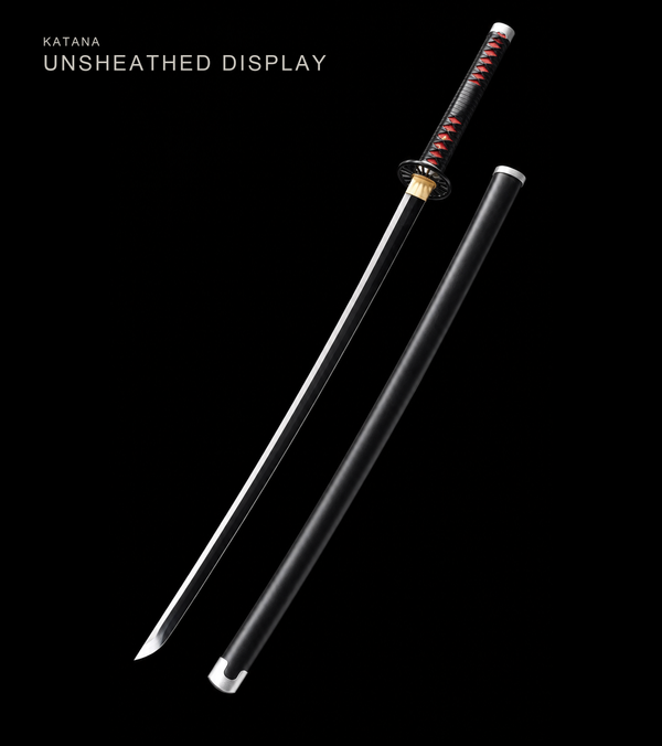 Black-Blade Anime Katana — Black & Red Ito, Wheel Tsuba