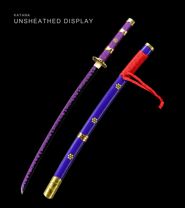 Purple-Flame Anime Katana — Purple Ito, Gold-Trim Saya