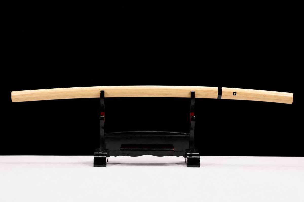 Unsharpened Ladder-Pattern Collector Iaito — Patterned Steel, Horn and White-Wood Mounts — 完整入鞘全景