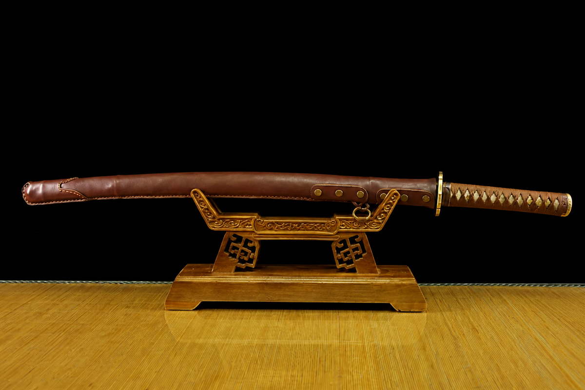 Folded Steel Type 98 Sword — Tan Ito, Studded Leather Saya — photograph 1