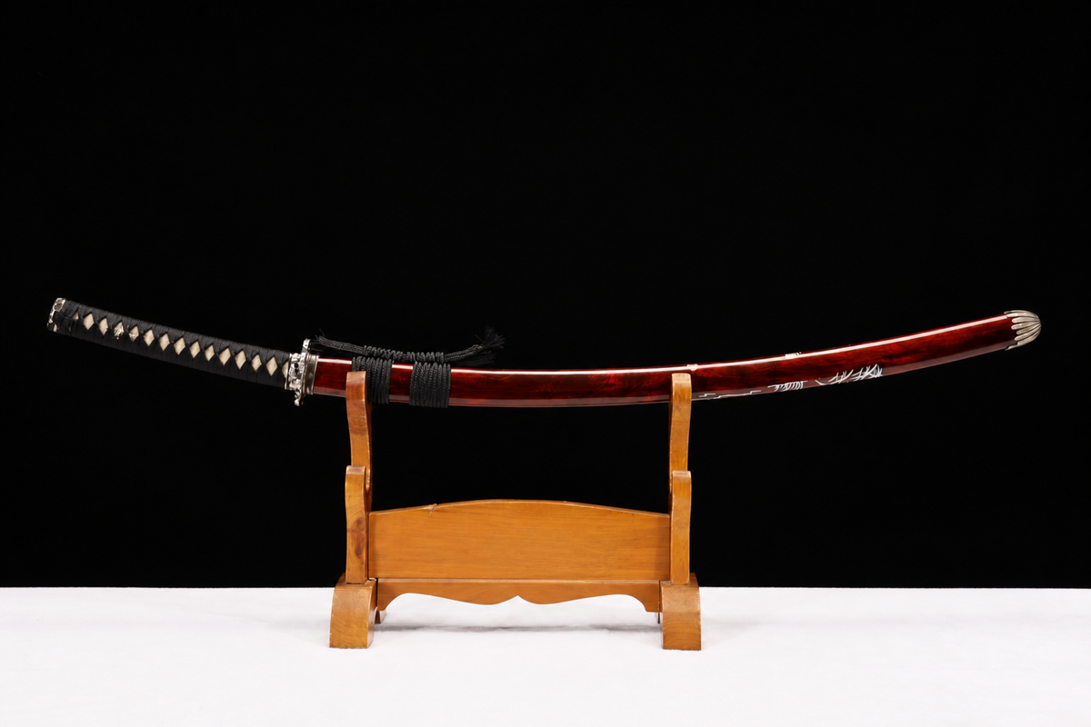 Unsharpened Silver-Tone Collector Katana — Clay-Tempered, True Yokote — sheathed, full view