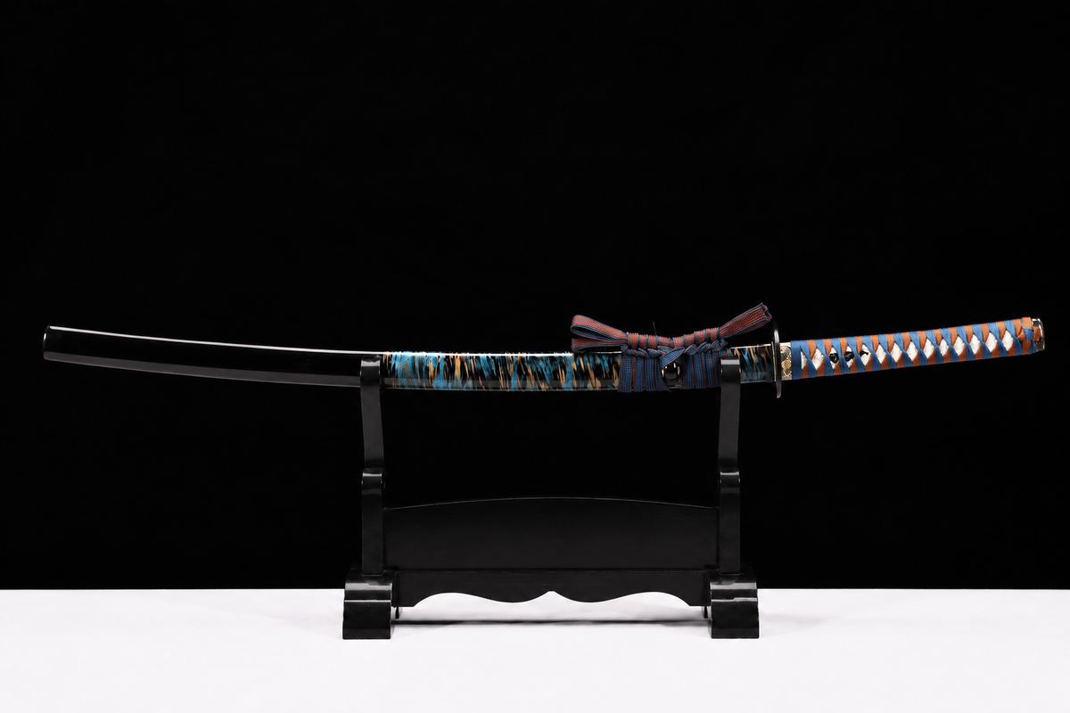 Unsharpened Hira-Zukuri Collector Katana — Carbon Steel, Plain Iron Mounts — sheathed, full view