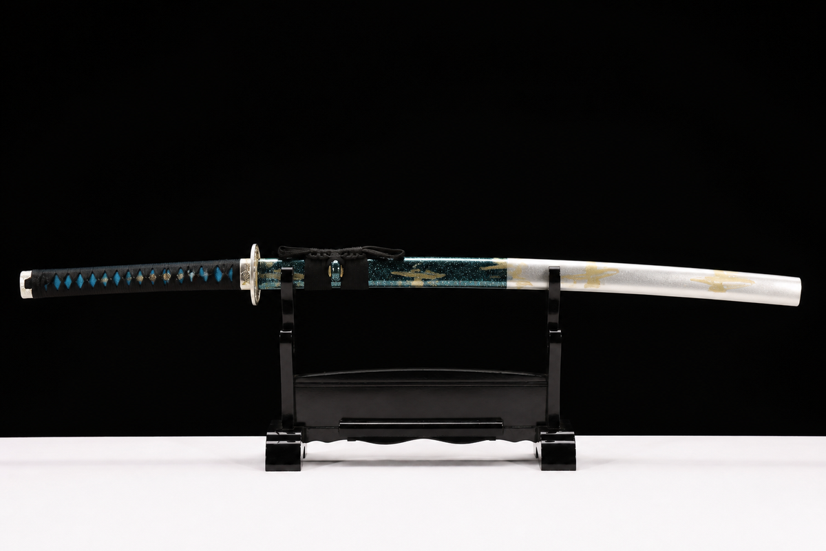 Ocean Dragon Katana — Teal Cloud Saya, Silver Wave Tsuba — sheathed, full view