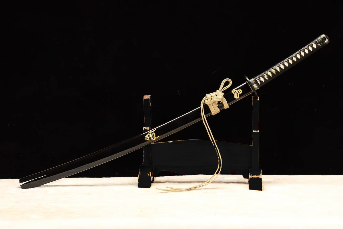 Mirror-Polished Katana — 5160 Spring Steel, Black Kamon Saya, Iron Tsuba — sheathed, full view