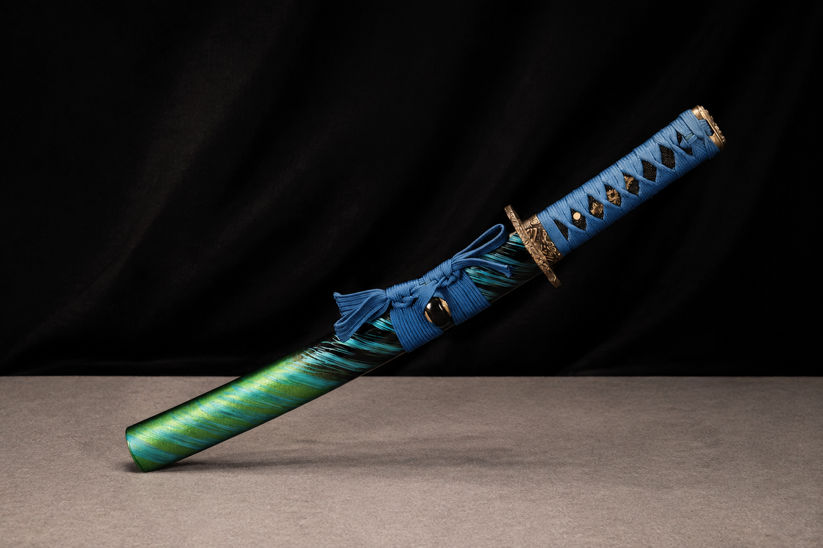 Unsharpened Compact Collector Wakizashi — Grade 45 Carbon Steel, Alloy Fittings — sheathed, full view
