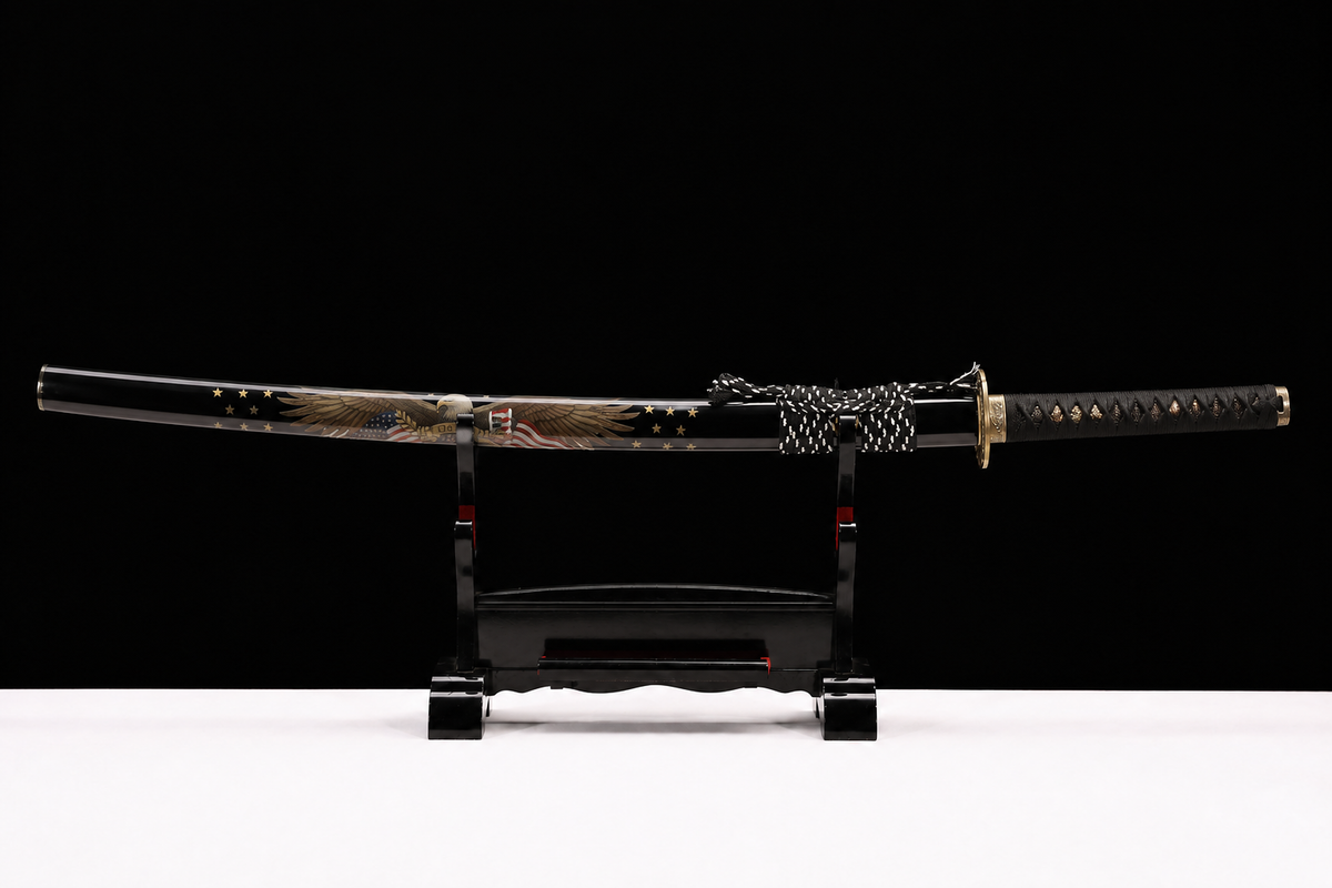 Eagle-Motif Katana — Mirror-Polished 5160, Black Lacquered Saya — sheathed, full view