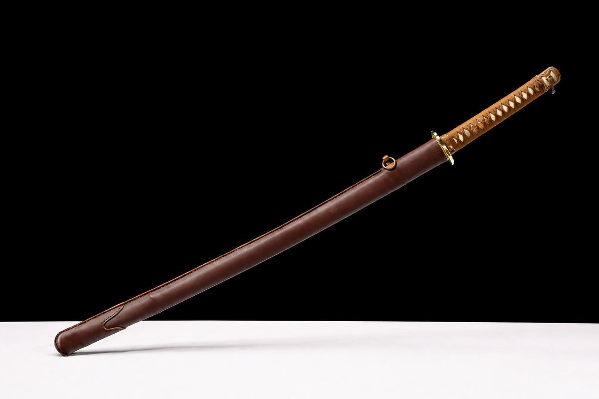 Kobuse Jigane Type 98 Sword — Tan Ito, Brown Leather Saya — photograph 1
