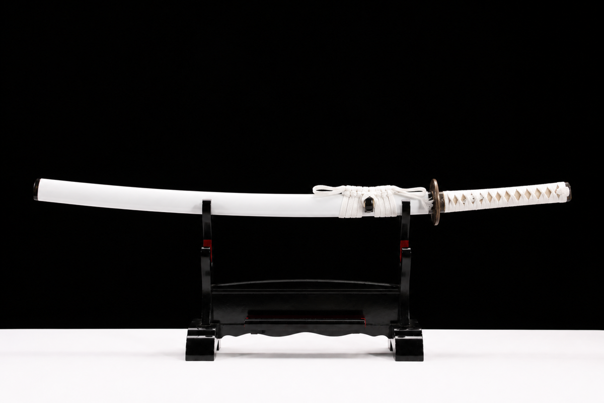 Unsharpened White Dragonfly Collector Katana — 1065 Steel, Piano-Lacquer Saya — sheathed, full view