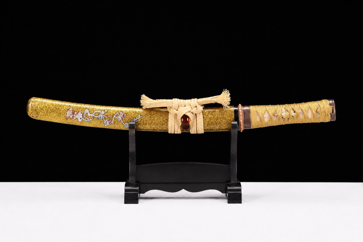 Unsharpened Golden-Crow Collector Wakizashi — Clay-Tempered, Red-Copper Tsuba — sheathed, full view