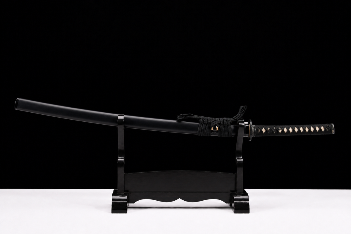 Unsharpened Black Sakura Collector Katana — 1065 Steel, Piano-Lacquer Saya — sheathed, full view