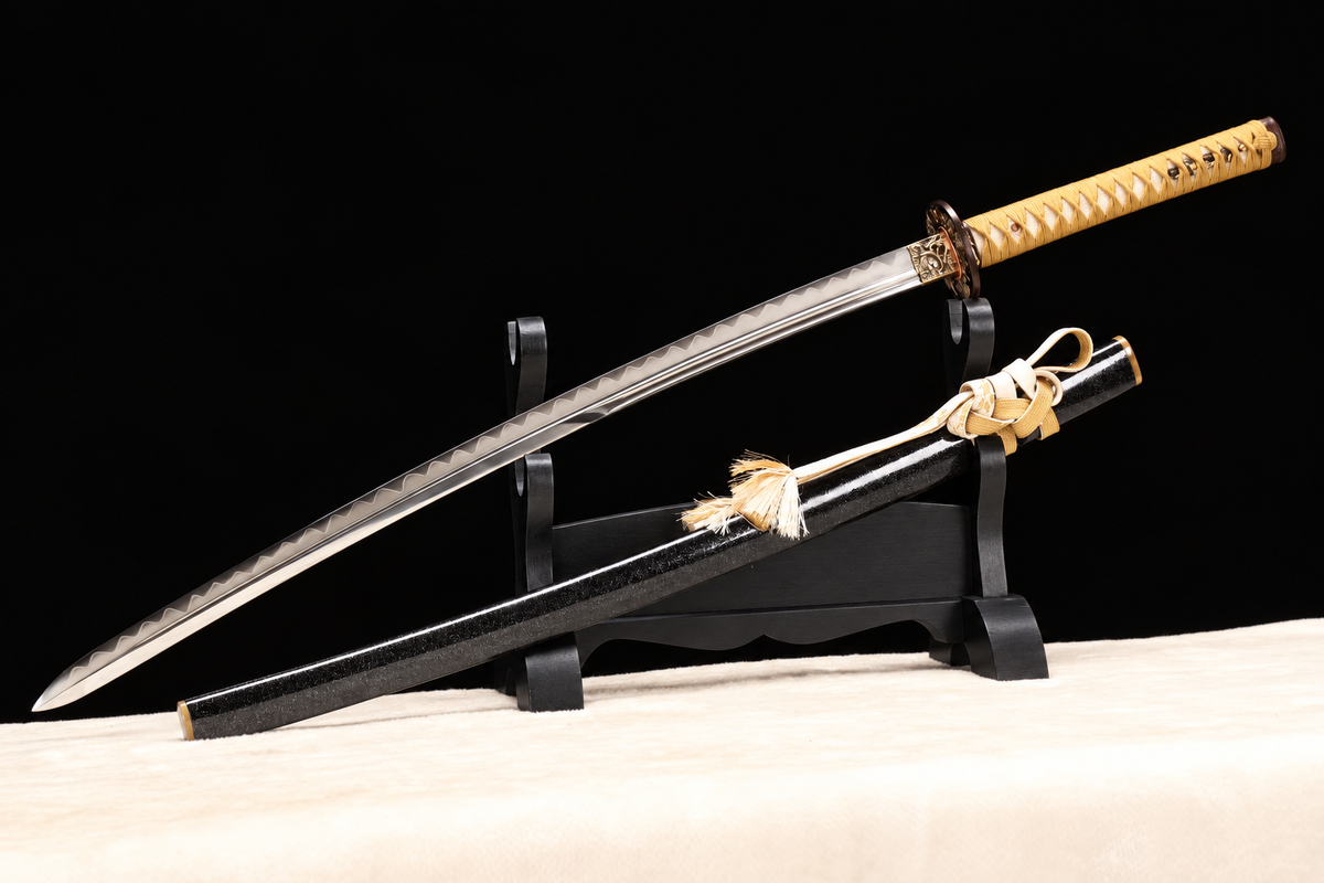 Unsharpened Collector Katana — Clay-Tempered Steel, Bo-Hi, Twenty-Stage Polish — unsheathed, full view