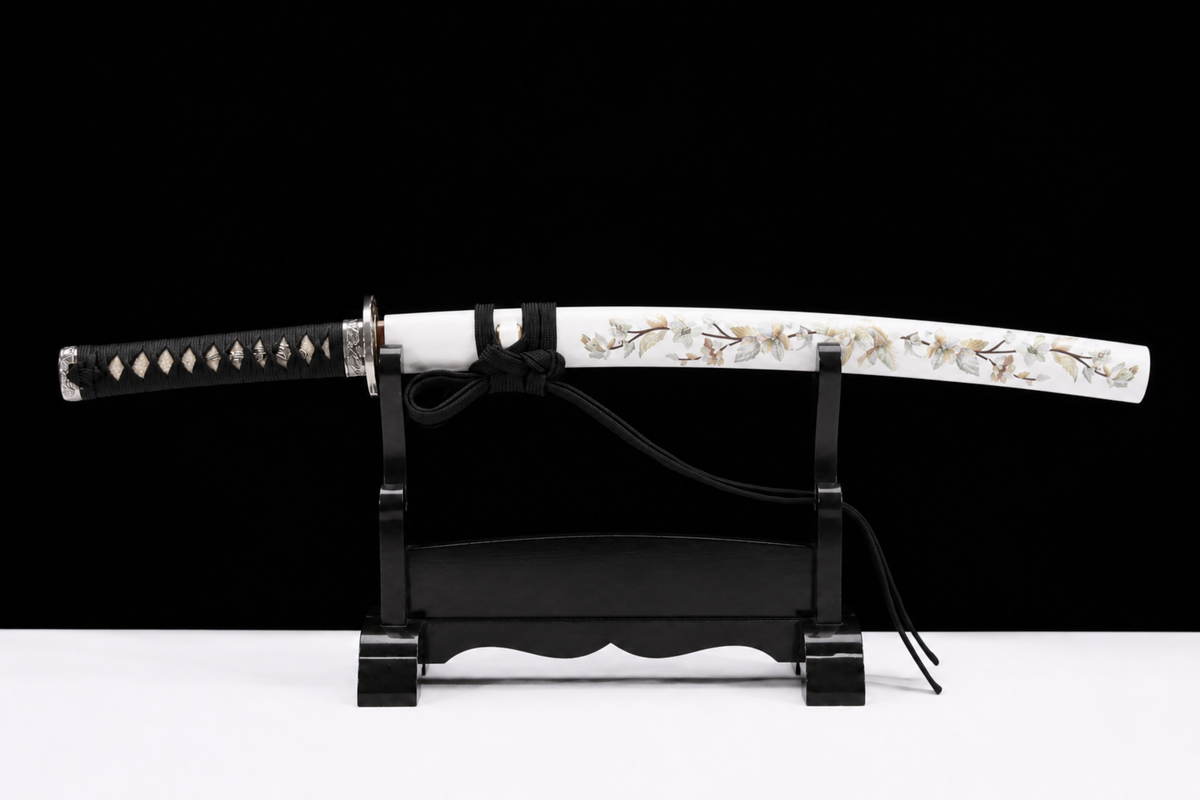 Unsharpened Lantern-Motif Collector Wakizashi — 5160 Steel, Copper-Alloy Fittings — sheathed, full view