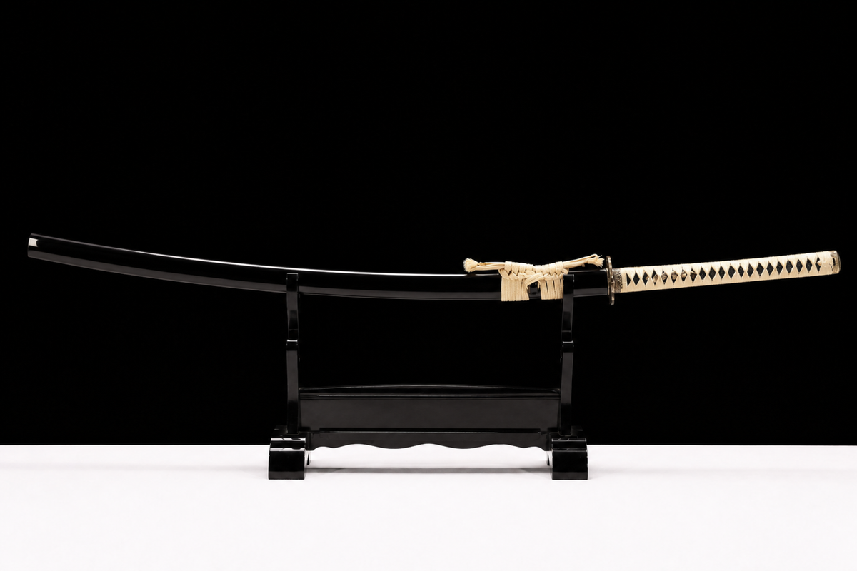 Odachi — 130 cm Patterned Steel, Ivory Ito, Gold-Plated Tsuba — sheathed, full view