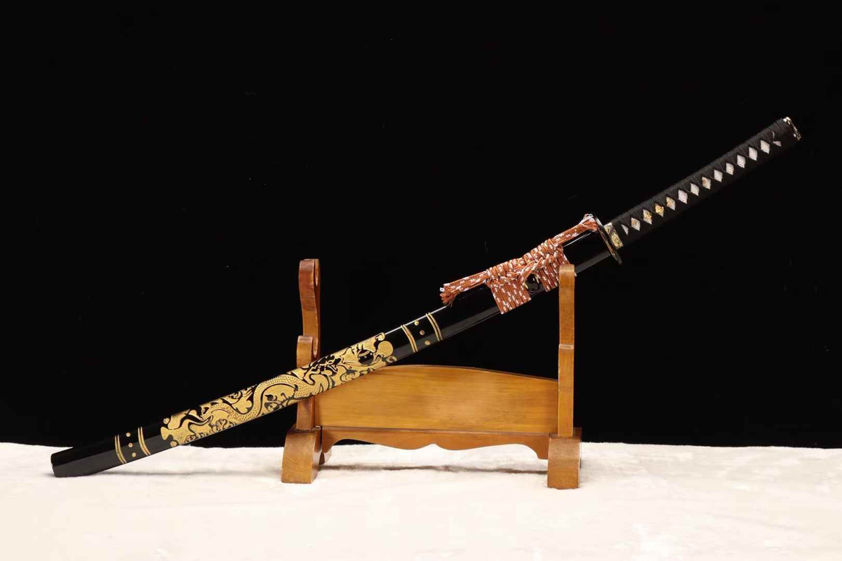 Unsharpened Gold-Dragon Relief Collector Katana — 5160 Steel, Copper Fittings — sheathed, full view