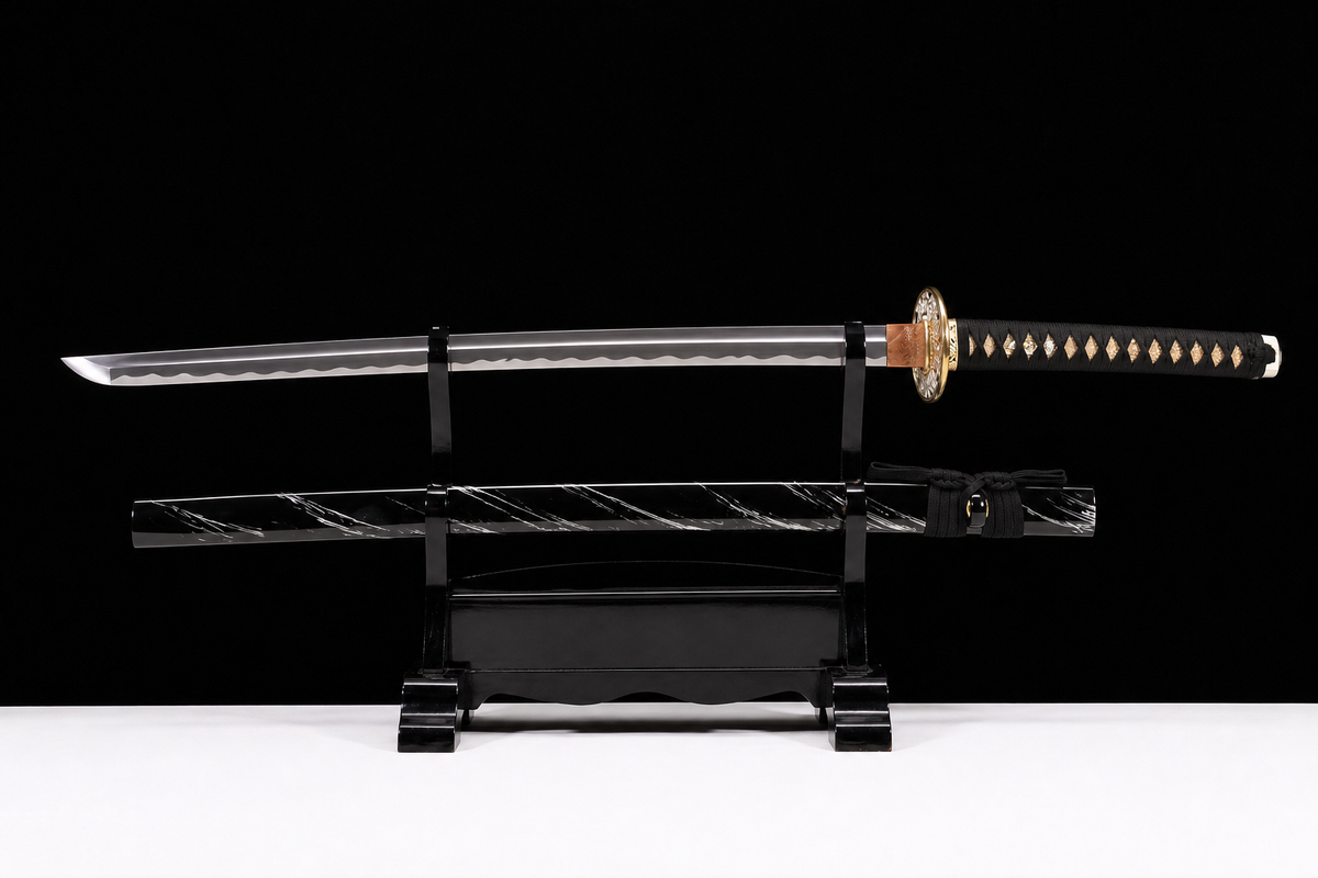 Drifting Shadow Katana — Streaked Black Saya, Copper Seppa — drawn, full view