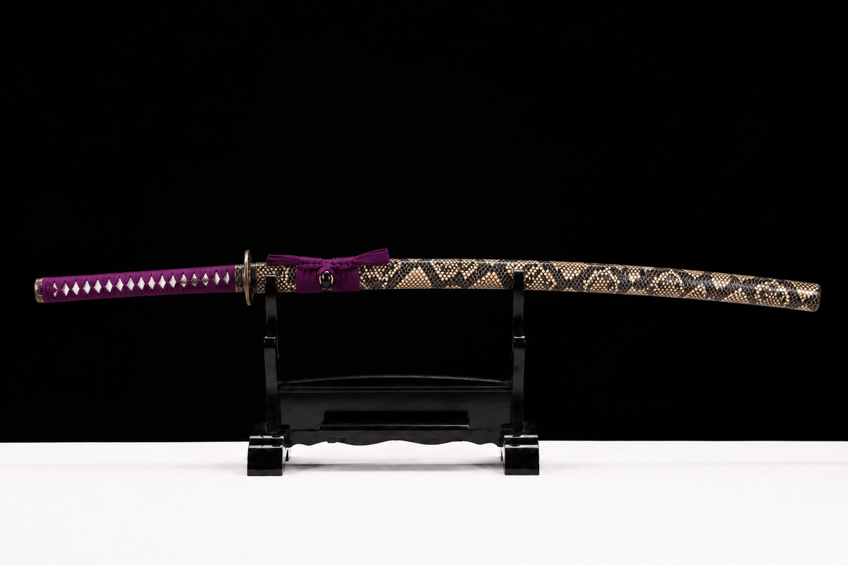 Unsharpened Serpent-Motif Collector Katana — Grade 45 Carbon Steel, Lacquered Hardwood Saya — sheathed, full view