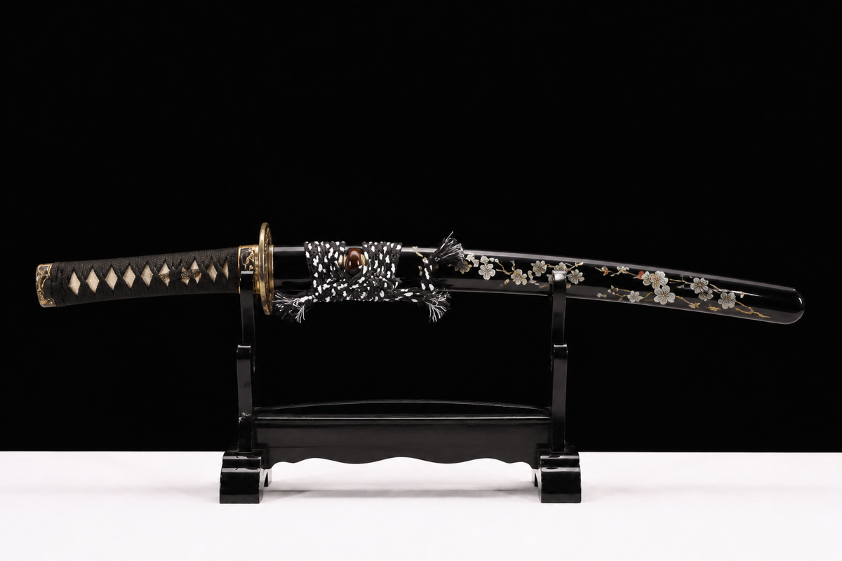 Plum Blossom Wakizashi — Sanmai T1095, Patterned Steel, Copper Fittings — sheathed, full view