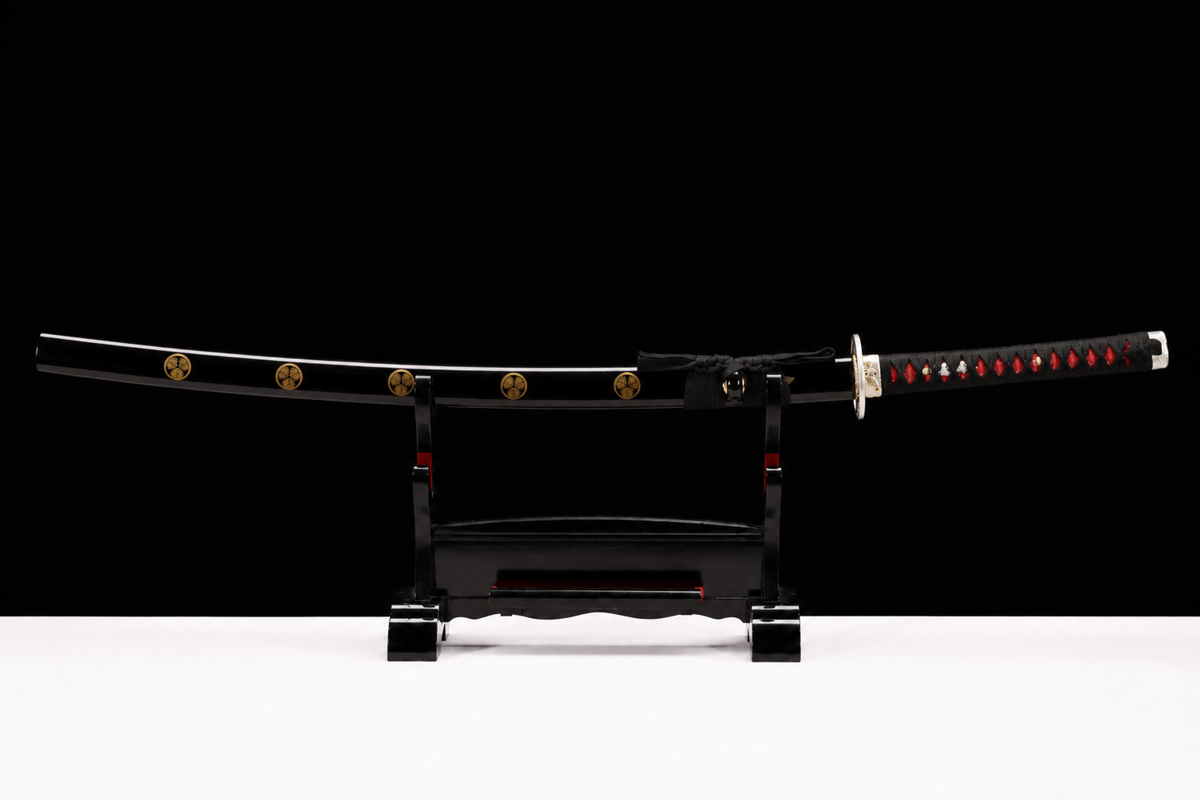 Dragon Plum Katana — Black Kamon Saya, Red-Accent Ito — sheathed, full view