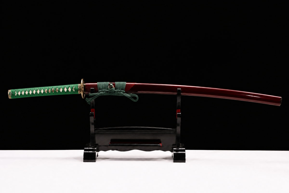 Karakusa Katana — Clay-Tempered T1095, Wine Saya, Green Ito — sheathed, full view