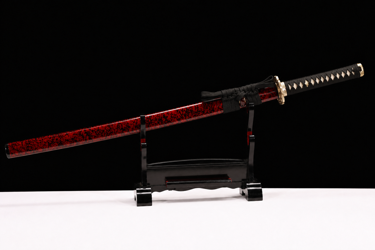 Chrysanthemum-Tsuba Katana — Mirror-Polished 5160, Red Mottled Saya — sheathed, full view