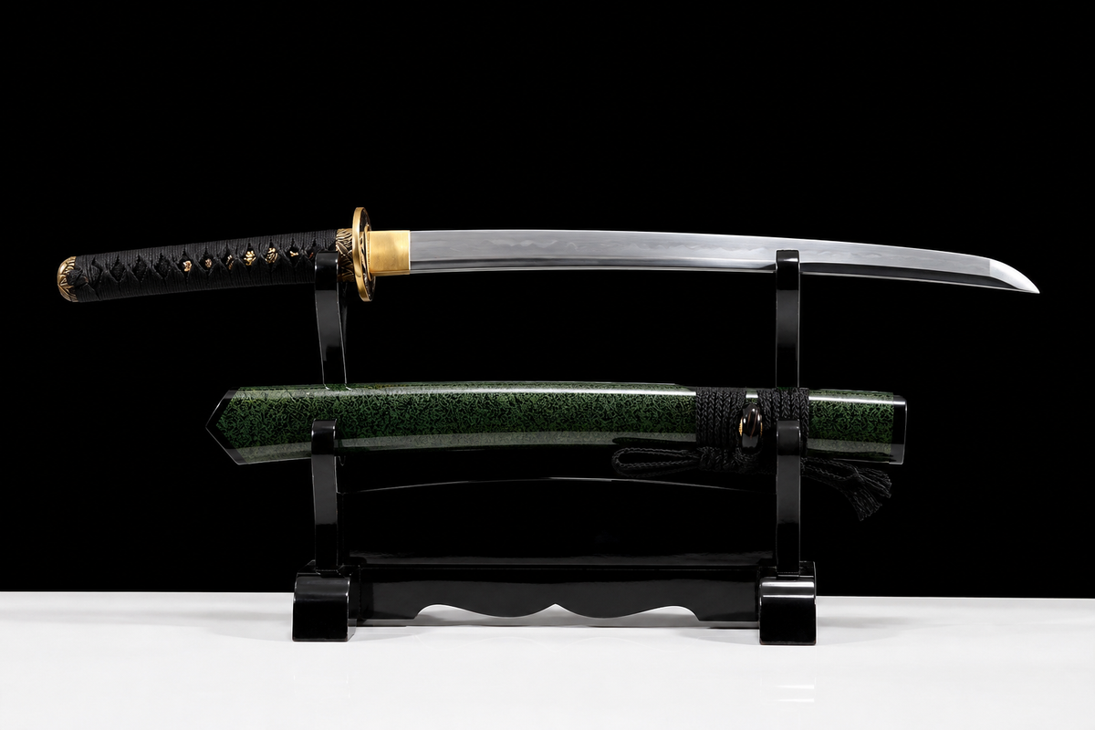 Folded Steel Short Sword — Black Ito, Olive Saya — photograph 2